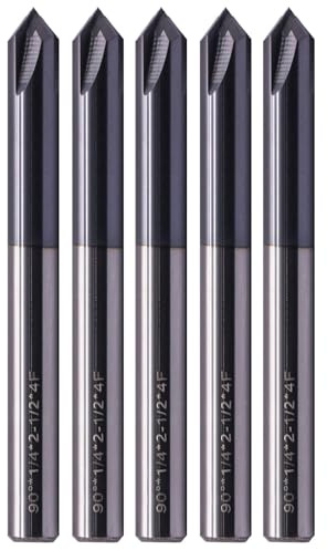 BestParts High Performance 5Pcs Solid Carbide End Mills, Chamfer End Mill - Single End - AlTiN Coated, 4 Flute, 90° Chamfer Angle, 1/4 Cutting Diameter, 1/4 Shank Diameter, 2-1/2 Overall Length