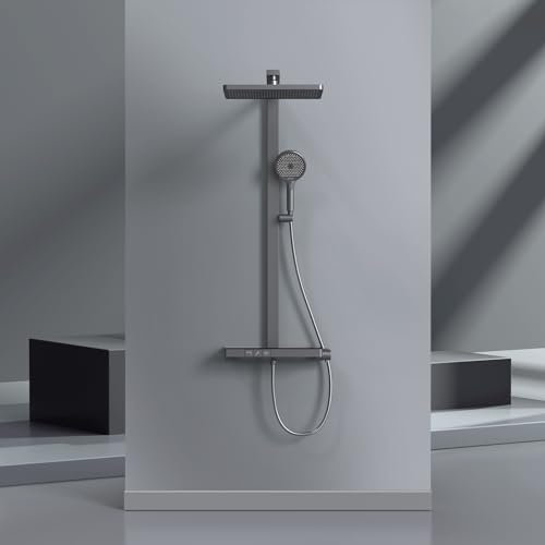 EMKE Colonne de douche thermostatique Ensemble colonne de douche avec panneau thermostatique de 40 cm, tige de douche, douchette à 4 modes, pommeau de pluie, bouche de distribution, anthracite mat