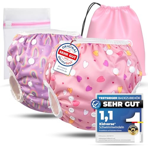 KIDVERSE set da 2 pannolini acquatici baby 0–3 anni – pannolino piscina neonato riutilizzabile e delicato sulla pelle – pannolini da nuoto con borsa e rete per lavaggio