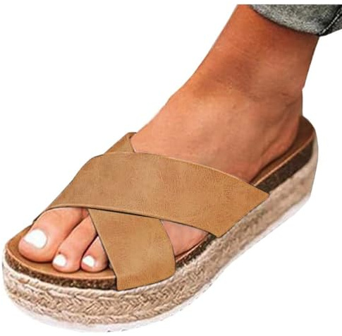 Mezent Women'S Wide Foot Platform Sandals Slides Espadrilles Sandals Flatform Slippers CasualPlatform Slides for Women Wide Foot Footbed Open Toe Wedges Khaki Size 8