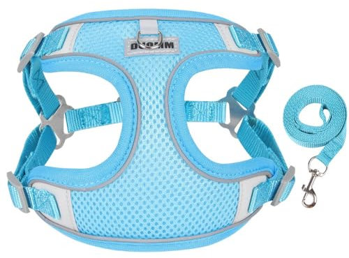 SSDH Hundegeschirr Atmungsaktives Air-Mesh-Geschirr Geeignet für Kleine und Große Hunde Katzengeschirr Hundeleine(inklusive Zugseil) (L,Blau)