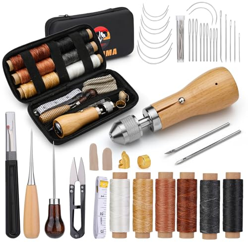 QMNNMA Kit de 40 alênes à coudre avec sac, outil de couture portable avec instructions (français non garanti), kit de couture en cuir ciré pour la couture du cuir, la réparation artisanale