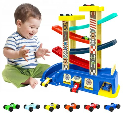 YATOSEEN Rampa de Carreras de Juguetes, Montessori Con 6 Mini Autos y 4 Pistas Coloridas, Garajes y Estacionamientos, Regalo Para Niños y Niñas