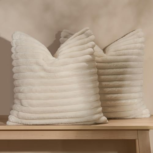 OHS Faux Fur Sofa Cushion Covers Ribbed, Super Soft Lounger Cushion Covers for Home Sofa Bedroom Living Room Comfy Decorative Throw Pillows for Cushion Pads, Pack of 2 - Natural Beige