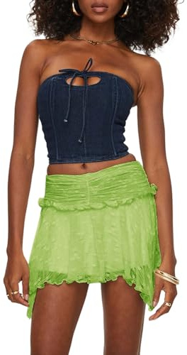 Nicoxijia Women's Y2K Lace Mini Skirt Low Rise Layered Ruffle Hem Flowy Short Skirt Underskirt Summer Mesh Fairy Frilly Skirt (D-Green, L)