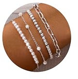 ORAZIO 4 Stück Perlen Armband Damen Silber Wasserfest Edelstahl Armband Verstellbares Perlenarmband Büroklammer Armkette Armbänder Silber Schmuck für Damen