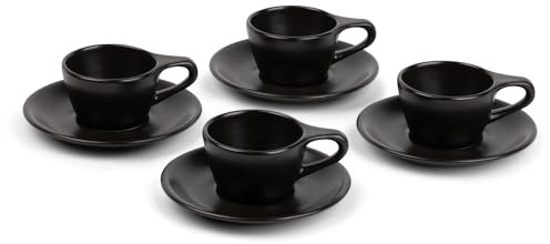ANGELENO Dryckesartiklar cappuccino koppar set med 4, 1,5 dl keramiska cappuccinokoppar med fat, svart 4-pack