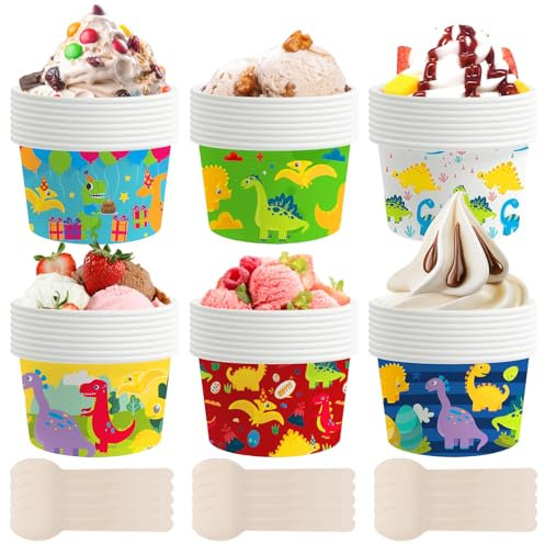 50 Stück Umweltfreundliche Universal Karton Eisbecher, 240ml Eisbecher aus Papier mit 50 Stück Löffel, Eisbecher Pappe, Dinosauriermuster, Kompostierbare Becher, Papier-Snackbecher für EIS, Dessert