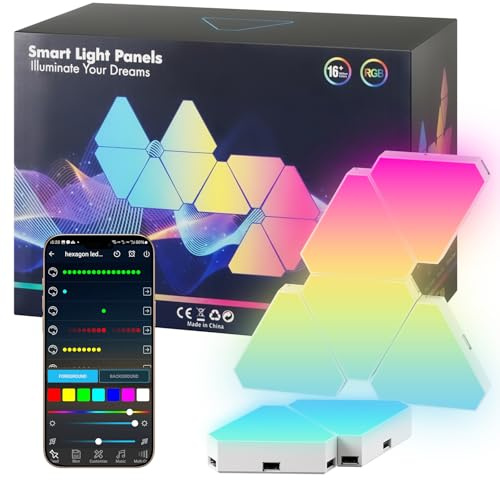 10pcs Led Gaming Panels, LED Smart Wandleuchte Wifi RGB mit IC Musik Sync Wandbeleuchtung Dreiecke, App Steuerung Funktioniert mit Alexa Google Zimmer and Gaming Deko