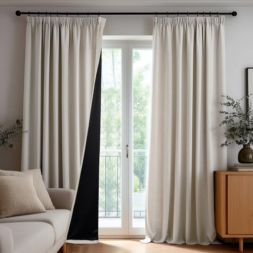 Deconovo Blickdichte Gardinen mit Kräuselband Vorhang Verdunkelung Verdunklungsvorhänge Leinenoptik Vorhänge Wohnzimmer Thermogardine für Schlafzimmer Kälteschutz, H200 x B140 cm, Leinen, 2er Set