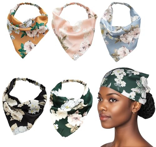 BSITSSS 5 Pieces Headband Elastic, Roses Floral Print Triangle Bandana, Silk Headscarf Hair Scarf Vintage for Women Girls Ladies Summer Hair Accessory