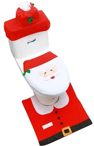 Juego de Tapete de Baño Festivo Navideño para Decoración, 3pcs Santa Toilet Seat Cover Set Accesorios de baño para Vacaciones Decoraciones de baño Festivas,Regalo para Asiento de Inodoro y Alfombra pa