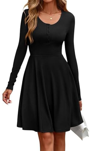 SCHOOLMOON Robe Pull Femme Manches Longues Taille Haute Tricot Automne Robes Col Rond Décontracté Chic Hiver Genou Robe avec Poches(Noir,S)