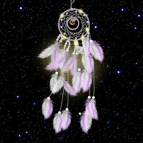 Kikuo Karussell Traumfänger, Dream Catchers mit LED Lichtern für Mädchen Junge, Handgemachte Böhmischen Stil Traumfängers für Hochzeit Wandbehang Kinder Schlafzimmer Auto Ornamente Handwerk (Lila)