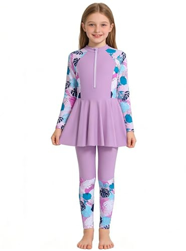 Kids Swimsuit Girls 2 Piece Long Sleeves Rash Guard + Long Swim Pants Fashion Ruffle Bathing Suit Swimwear for Teens Girls Beach Pool Athletic Bikini Tankini 7-12 Years (11-12 Years, Purple)