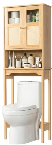 Bonnlo Over Toilet Storage Cabinet, Double Doors Freestanding Bathroom Space Saver with Rattan Panels,Above Toilet Storage Cabinet Rack Laundry Organizer, Natural Wood Finish Organizer for Bathroom