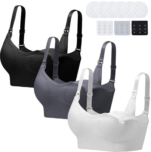 SCCGKP Nursing Bra 3 Pack Womens Maternity Breastfeeding Seamless Wireless Sleep Bra with Extenders Removable Pads (UK, Alpha, XL, Regular, Regular, Black+Gray+White)