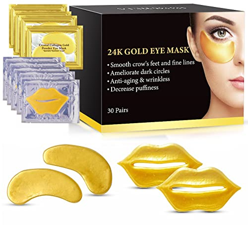 VERONNI Eye Lip Mask Set -20pcs Under Eye Patches,10pcs Gold Lip Mask -24K Gold Crystal Eye Lip Pads Treatment for Dry Lip,Dark Circles Eyes Moisturizing, Hydrating(Gold Eye Lip Mask Set)