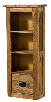 MASSIVMOEBEL24.DE | Railway - massiver Hängeschrank Natur, lackiert aus Mangoholz 50x26x120 3 offene Fächer + 1 Schublade Aufbewahrungsschrank Flurschrank