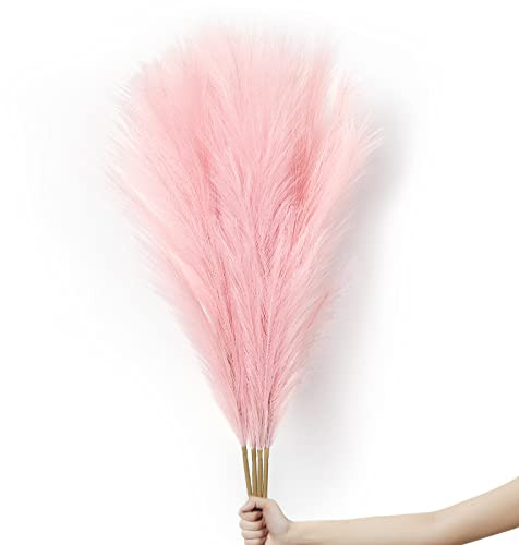 LinTimes 4 PCs Large Artificial Pampas Grass, 45 Inch Pink Fake Pampas Grass Soft Fluffy Dried Flowers Decor for Tall Floor Vases Decoration Rustic Wedding Arrangement Boho Home Decor