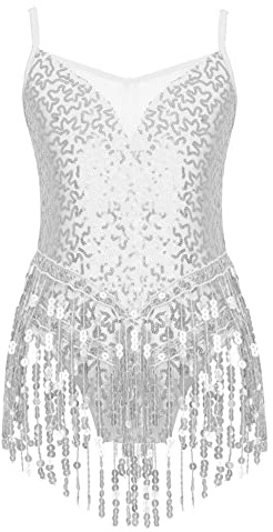 CHICTRY Kids Girls Sequin Tassel Tango Latin Dance Dress Competition Ballroom Samba Rumba Jazz Dance Dress Silver 11-12 Years