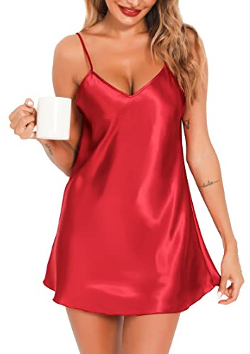 Lovasy Nattlinne i satin för kvinnor, sexiga underkläder, nattkläder, silke, underklänning, v-ringning, negligé, brud-babydoll korta nattkläder, Röd, XL