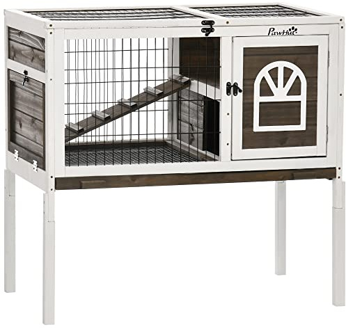 PawHut Wooden Rabbit Hutch, Elevated Guinea Pig Cage w/Openable Roof, Ladder, Removable Tray, 90 x 53 x 87cm - Brown