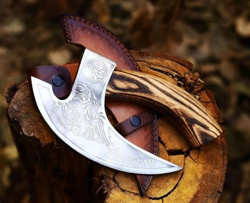 CraftTal Pizza-Axt Wikinger mit Lederschutz – Pizzamesser für echte Wikinger – Pizzaschneider-Axt perfekt als Wikinger-Dekoration – Wikinger-Axt, Pizza-Wiegemesser, Wikingermesser, Beil (White Skull)