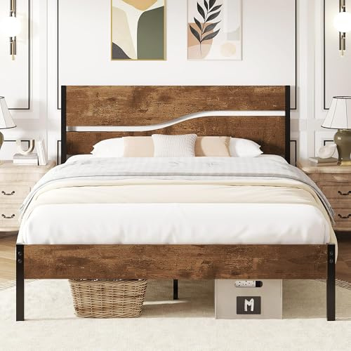 VECELO Double Bed Frame with Wood Headboard, 140×200 cm Metal Platform with Heavy Duty Steel Slat Support, Mattress Foundation, No Box Spring Needed, Under-bed Storage Space
