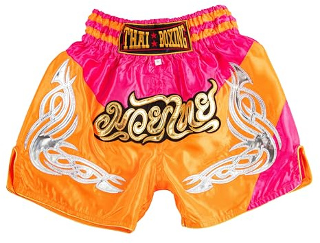 MUAY NATION Pantaloncini Muay Thai per Bambini (2-12 Anni) Trunks da Boxe per Ragazzi e Ragazze per Kickboxing, MMA, Arti Marziali (IT, età, 9 Anni, 12 Anni, Regular, Prm Arancione/Rosa)