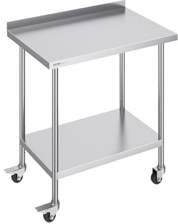 VEVOR 24 x 36 x 40 Inch Stainless Steel Work Table, Commercial Food Prep Worktable with Casters, Heavy Duty Prep Worktable, Metal Work Table with Adjustable Height for Restaurant, Home and Hotel