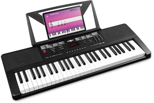 MAX Rhapsody54 - Teclado piano con soporte de partituras para principiantes y avanzados, piano eléctrico de 54 teclas con altavoces, display, 50 canciones de demo, función de aprendizaje, 600 sonidos