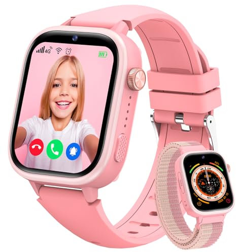 Minilandia Montre Connectée Enfant 4G, Montre Enfant GPS Telephone avec SIM SOS, Bracelet GPS, Chat, Appel Vidéo, Mode Classe, Sommeil, Podomètre, Réveil, Smartwatch pour Garçons Filles Cadeau, Rose