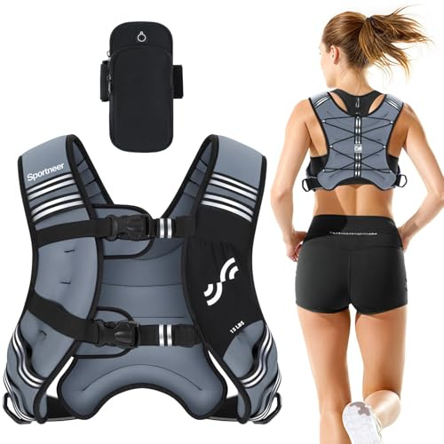 Sportneer Gilet Lesté pour Course et Entraînement 3,6 kg/ 5,4 kg/ 6,8 kg/ 9 kg/ 11 kg avec Bande Réfléchissante pour Entraînement de Force, Fitness et Renforcement Musculaire