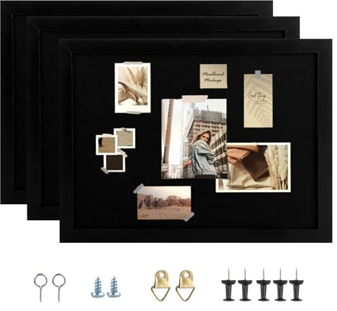 Oungy Lot de 3 tableaux d'affichage en liège avec feutre, 30 x 40 cm, cadre en bois noir avec épingles, tableaux d'affichage A3 pour murs