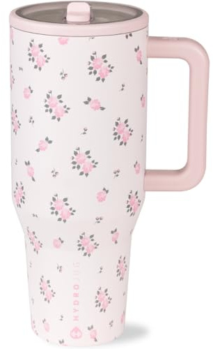 HydroJug Traveler Wasserflasche mit Griff und Klapp-Trinkhalm, 1,2 l, passt in Becherhalter, auslaufsicherer Becher, wiederverwendbar, isolierter Edelstahl und Gummiboden, Geschenk für Damen und