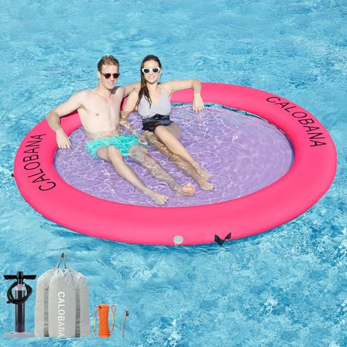 CALOBANA 10ft Heavy Duty Water Hammock, Round Inflatable Dock River Floats Lake Raft Island Platform for Adults Outdoor Party Tanning Pool, Pink & Pink