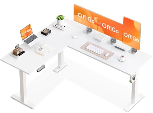 OffiGo Corner Desk, 160x120cm Electric Standing Desk with 3 Memory Smart Panels, Reversible L Shaped Rising Table, Height Adjustable Table for Home Office Workstation, White