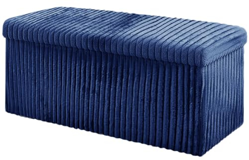 Home Republic Corduroy Ottoman Storage Box – Foldable Footstool with Lid – Soft Toy Chest Bench for Kids Room, Nursery, Bedroom or Living Room (Navy Blue, 76 x 38cms)