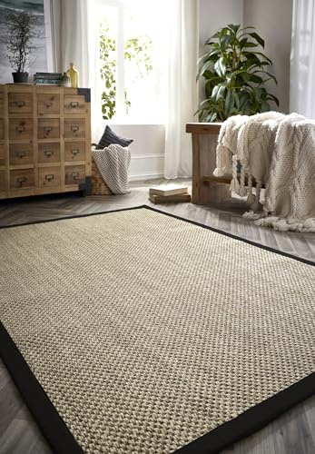 Sisal Area Rug with Hand Stitched Border, Non-Slip Durable Natural Modern Bordered Carpet for Living Room, Hallway Flatweave Rug Light Beige / Black Border, X-Large 200 x 290 cm (6'7x9'6)