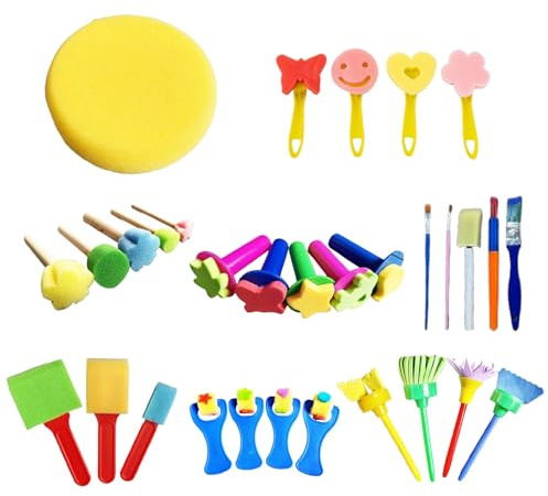pclapora 31 Pezzi Spugne da Pittura per Bambini, Set di Pennelli per La Pittura per Bambini, Strumento Spugna Doodle, Mini Colore Schiuma Spugna Pennello per DIY Apprendimento Kit di Pennelli