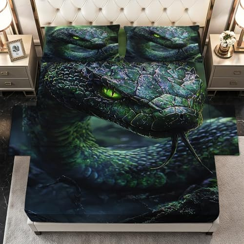 Snake Sheets Twin Size - Reptile Wild Animal Bed Sheet Set - Deep Pocket Soft Microfiber Bedding Set 3 Piece - Fitted Flat Sheet Pillowcase - Snake Bedroom Decor & Gifts
