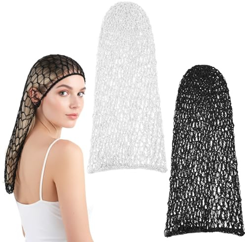 2 gorros de ducha largos de malla, redes de pelo de ganchillo de punto de rayón para mujer, cubierta de redecilla para el cabello largo y rizado (negro + blanco)