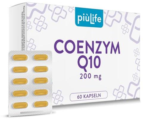 Q10 Kapseln Hochdosiert 200mg PiùLife – 1× täglich – Aus natürlicher Fermentation gewonnen – CoQ10 Q 10 aus Ubiquinon – Vegan, Laktose- & Glutenfrei – 60 Kapseln Coenzym q10