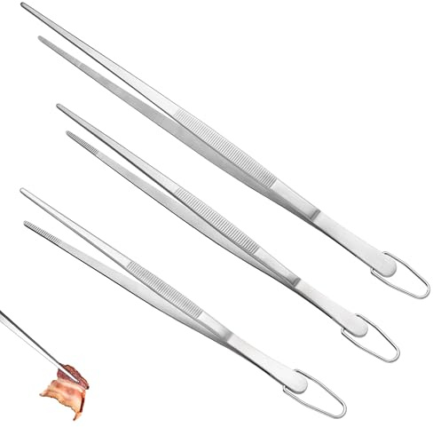 U-Taste Set de 3 Pinzas de Cocina – Acero Inoxidable 18/8 Alimentario, Soldadura Sin Juntas y Fuerza de Presión Mejorada, Para Cocinar, Hornear, Servir, Decorar, Emplatar (Punta Afilada, Plateado)