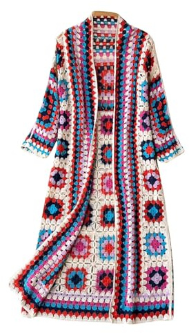 Summer Crochet Cardigans for Women Longline Open Front Cover Ups Ladies Thin Knitted Cardigans Women Vintage Crochet Granny Square Cardigan Open Front Floral Knit Sweater Knitwear Long Cardigan