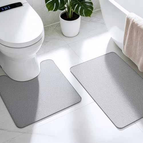 Bathroom Rugs Sets 2 Piece, Thin Bath Mat & U-Shaped Contour Toilet Rug Absorbent Quick Dry, Machine Washable, Non Slip Low Pile Bath Mats for Bathroom/Tub/Sink/Shower (27x17 Plus 24x20 U, Grey)