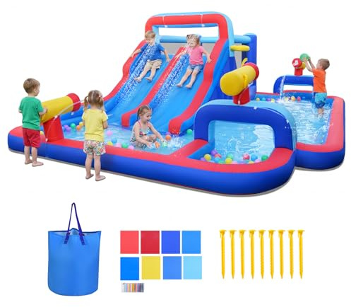GOPLUS Castillo Hinchable, Castillo Inflable 2 en 1 con Pared de Escalada, Cañones, Piscina de Chapoteo y Tobogán Acuático, Casa de Saltos Infantil para Interior y Exterior, Soplador No Incluido