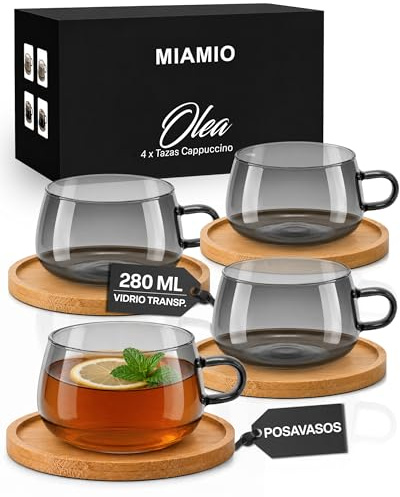 MIAMIO - Vasos de Cappuccino y Té (4x280 ml) - Olea (Gris) | Vasos de té de borosilicato para té y café / vasos de cappuccino con posavasos de bambú, aptos para lavavajillas