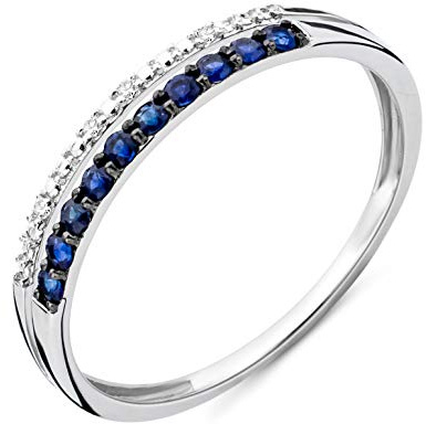 Miore Anillo de mujer de oro blanco de 9 quilates / 375, doble hilera de diamantes con piedras preciosas, zafiro azul de 0,19 ct y diamantes brillantes, joyería, Oro blanco, Diamante
